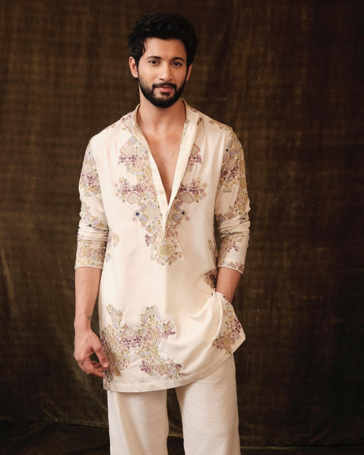 Ivory  Embroidered Kurta pajama Set for Men