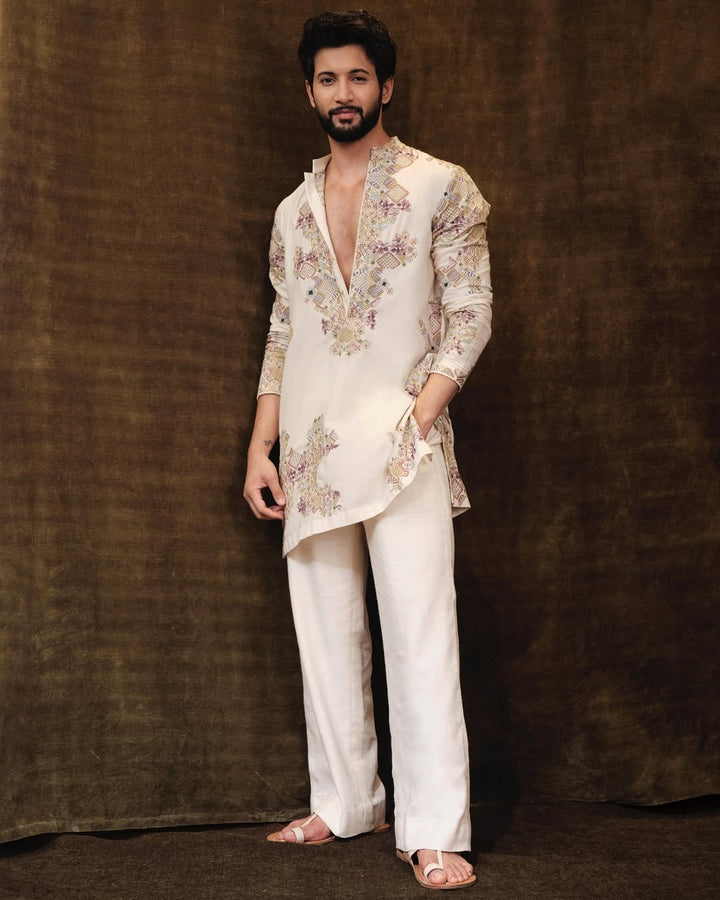 Ivory  Embroidered Kurta pajama Set for Men