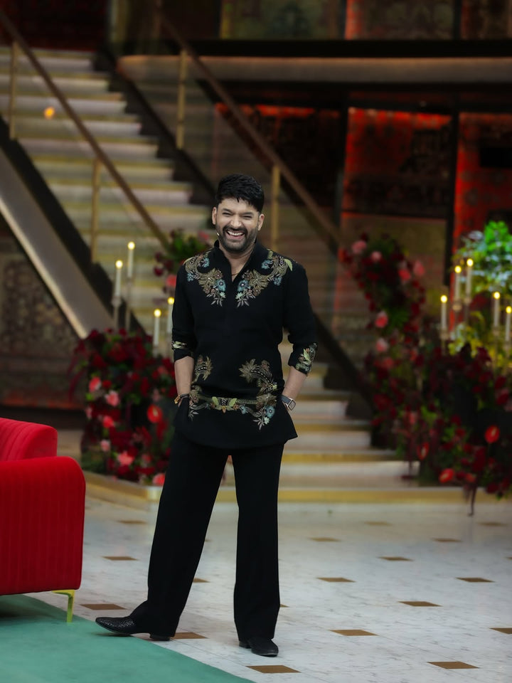 Kapil sharma Adition Black Kurta Pjama With Embroidery