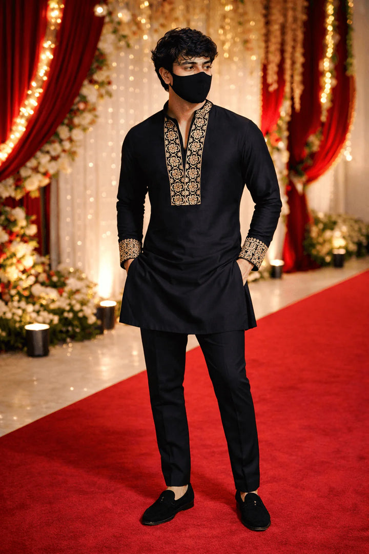 IBRAHIM Adition Z BLACK KURTA SET WITH EMBROIDERYP