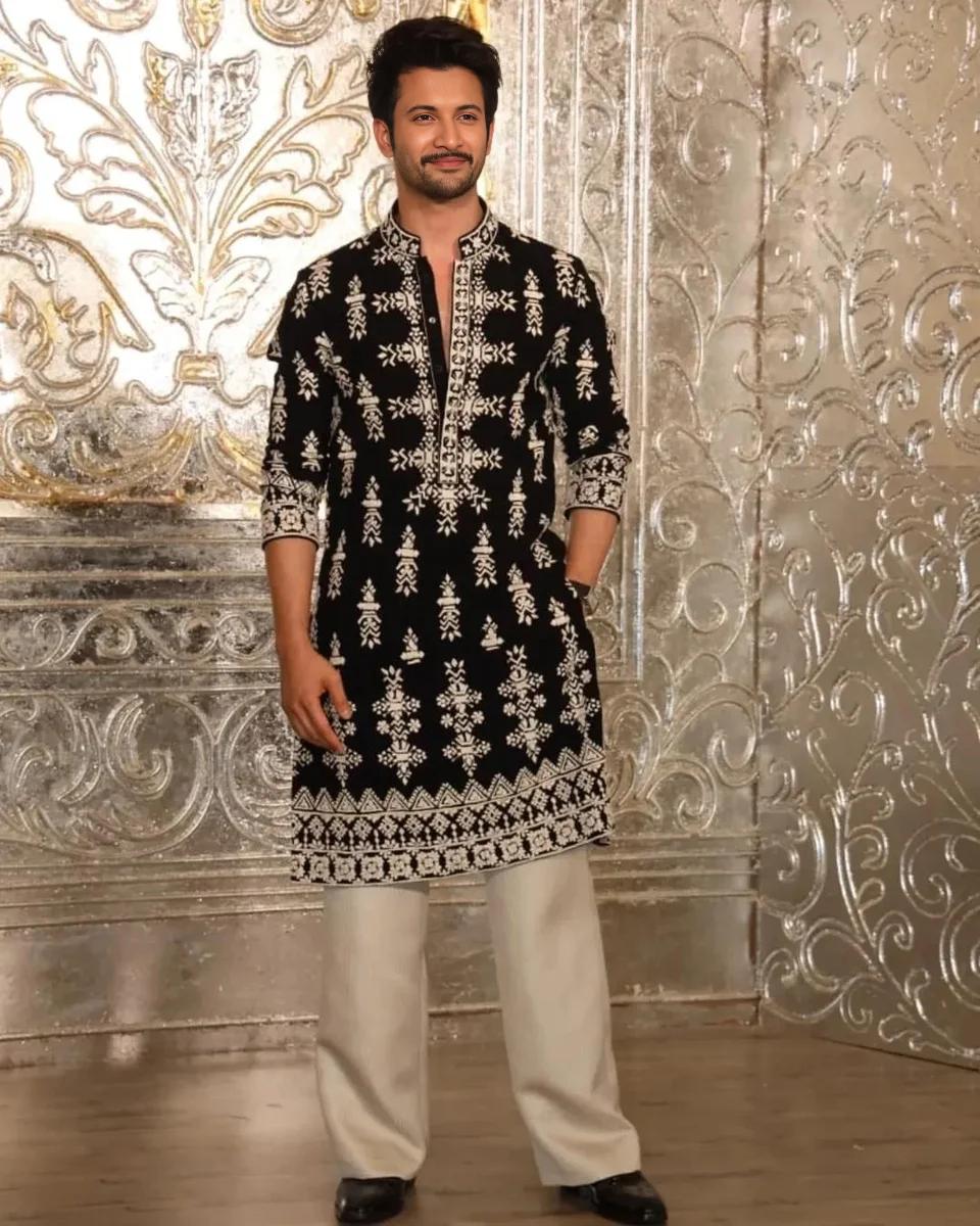 BLACK VELVAT KURTA PAJAMA  ivory dori with Embroidery