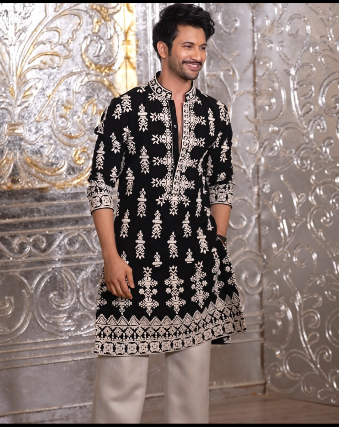 BLACK VELVAT KURTA PAJAMA  ivory dori with Embroidery