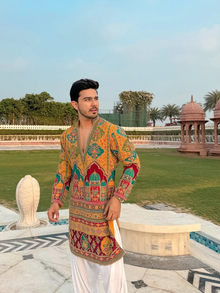 Yellow red printed kurta