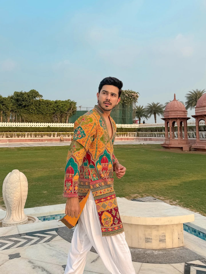 Yellow red printed kurta