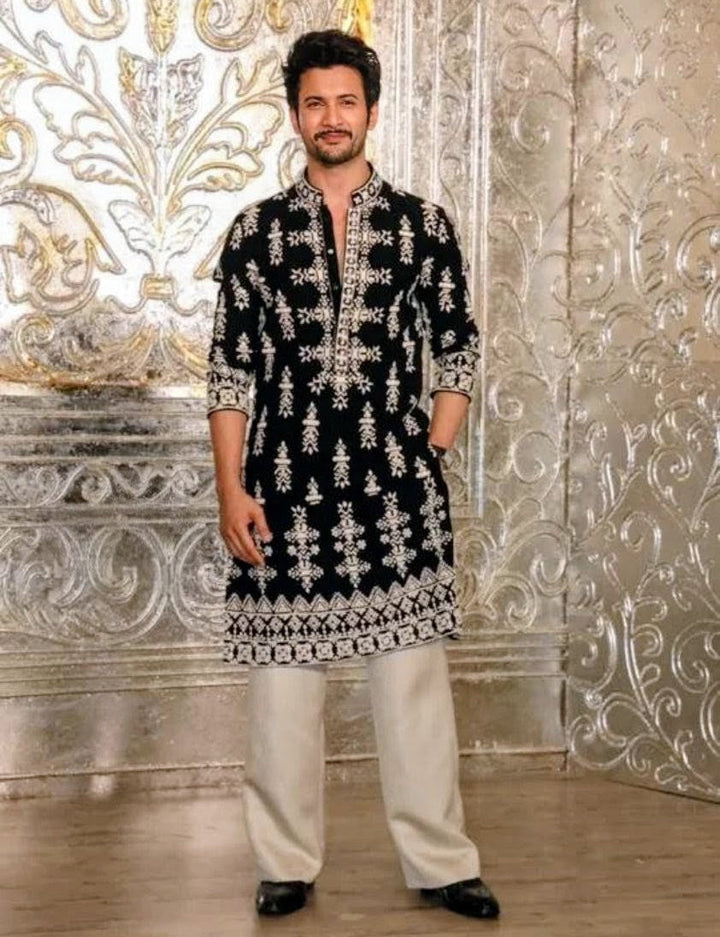 BLACK VELVAT KURTA PAJAMA  ivory dori with Embroidery