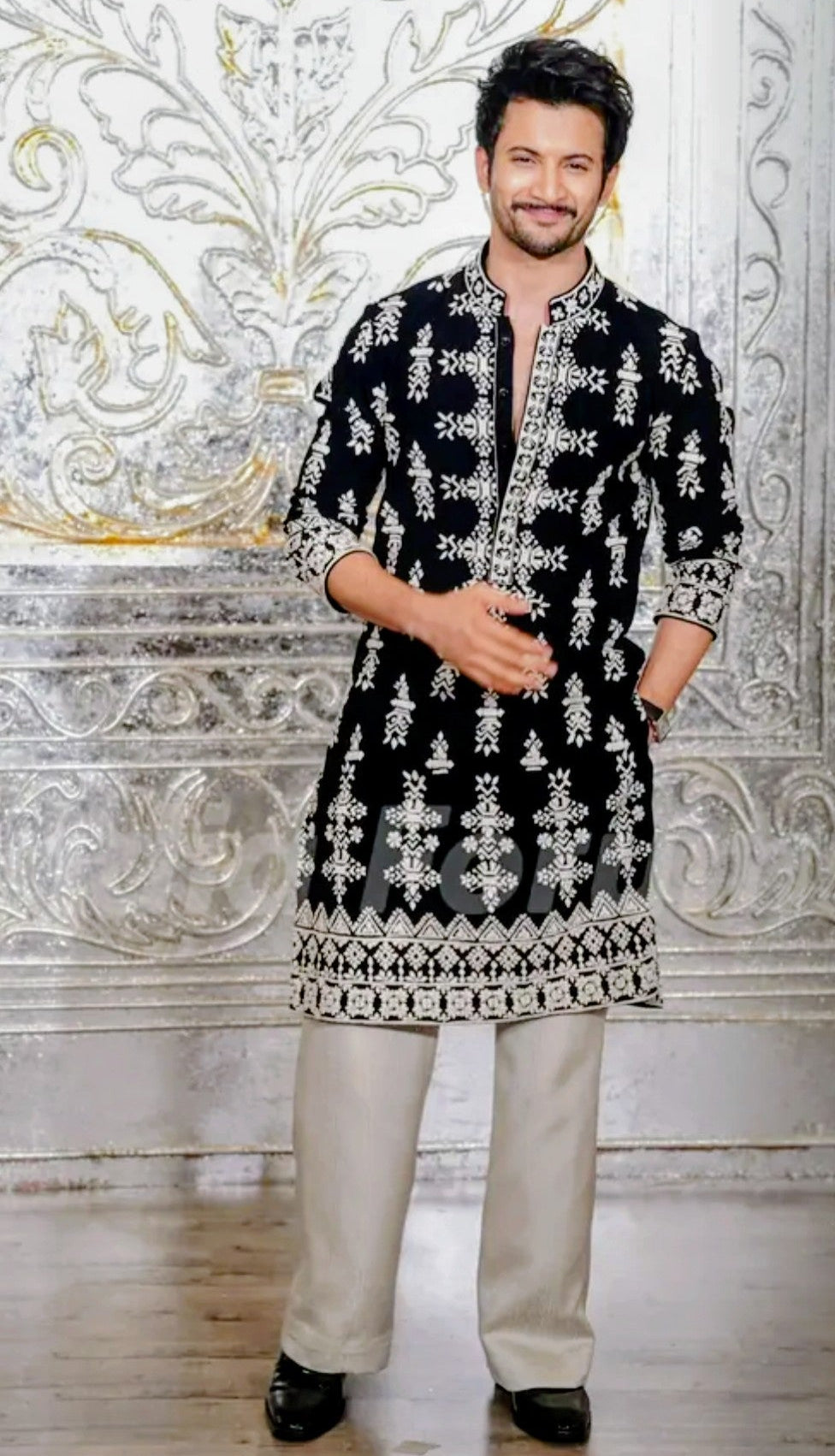 BLACK VELVAT KURTA PAJAMA  ivory dori with Embroidery